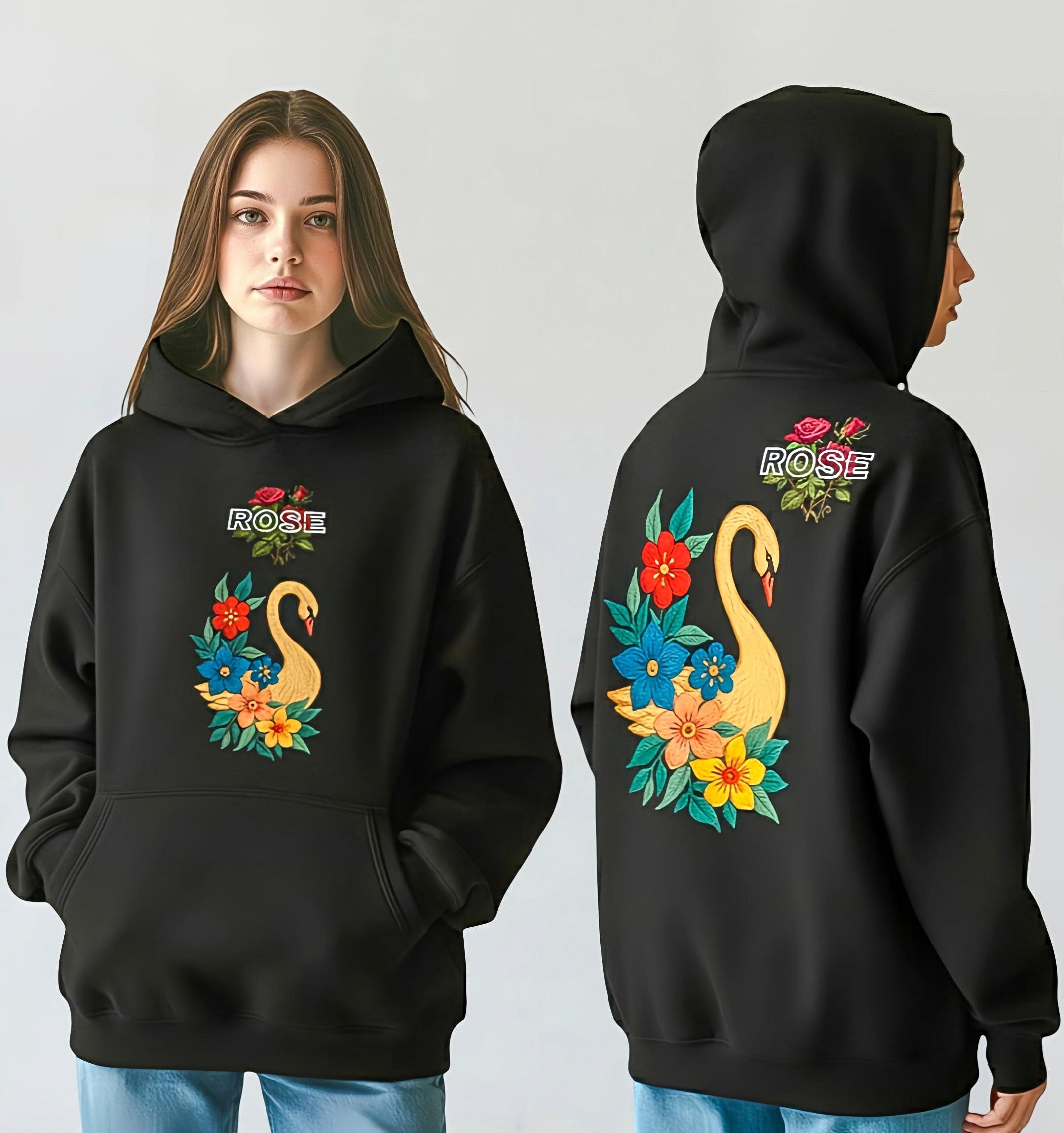 SDCB / Fashion / GOLDEN SWAN FLORAL' BLACK HOODIE