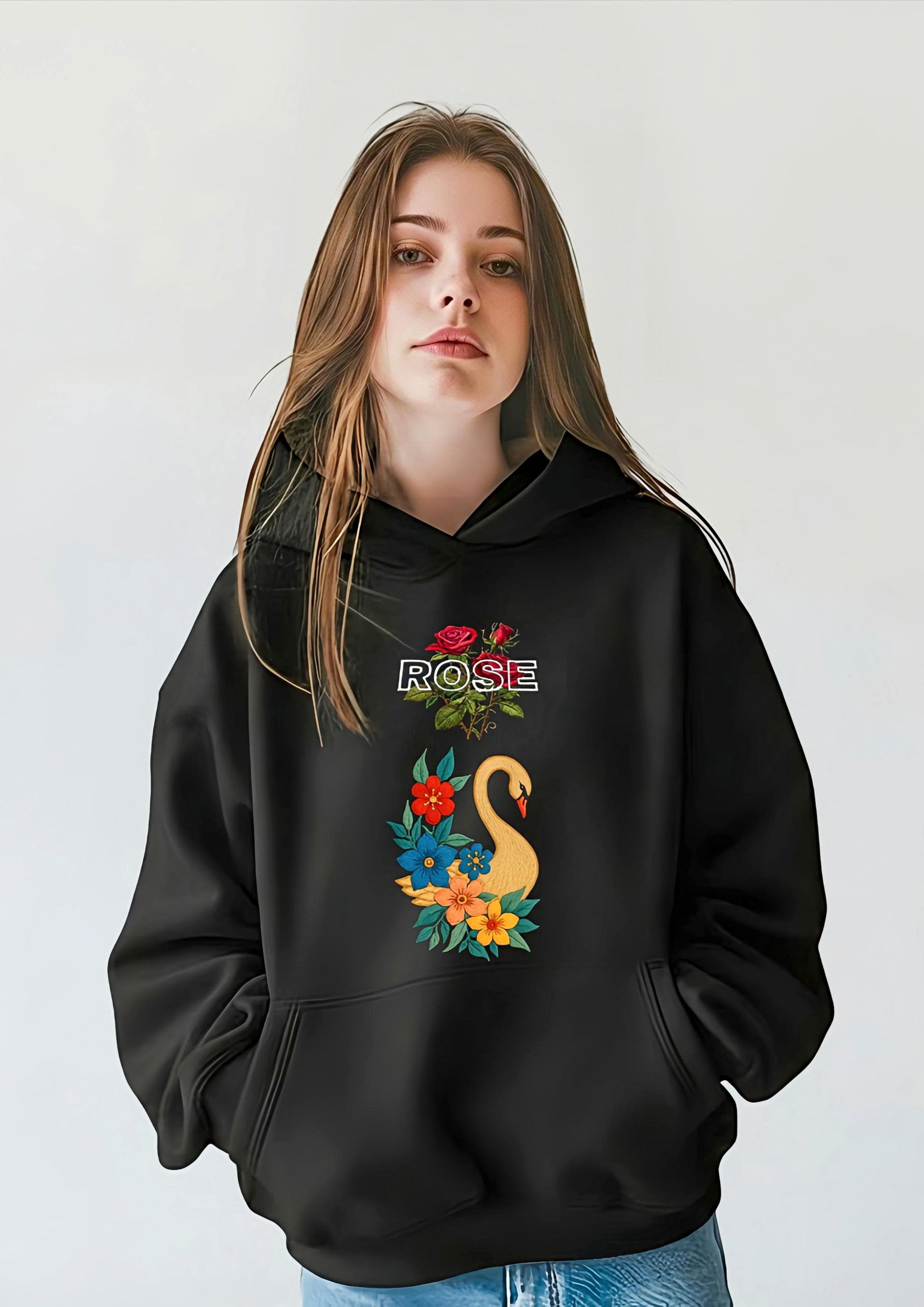 SDCB / Fashion / GOLDEN SWAN FLORAL' BLACK HOODIE